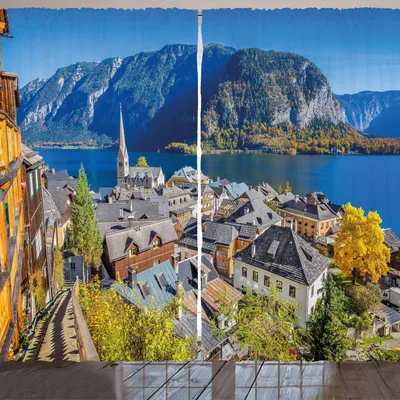 Produktbild von ARANDE Fallen Gardine, Historisches Bergdorf von Hallstatt Österreich Seasonal European Landscape View, 280 x 260 cm, Mehrfarbig