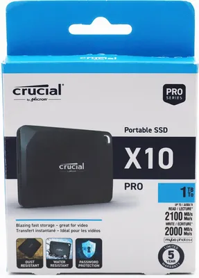 The image shows the retail packaging of a Crucial X10 Pro Portable SSD.