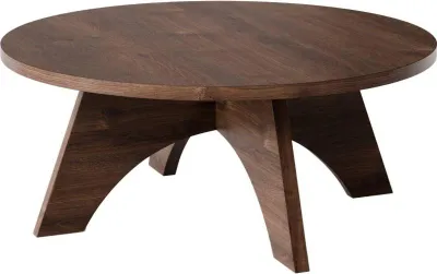 A round wooden coffee table with a dark brown finish and a unique, curved leg design, presented against a white background.