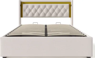 Produktbild von Flieks Polsterbett 140x200cm mit USB und Typ C, Hydraulisches Boxspringbett mit Stauraum, Doppelbett Jugendbett mit LED, Stauraumbett Baumwolle, Beige