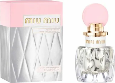 A Miu Miu perfume bottle and its packaging are displayed side-by-side against a white background.