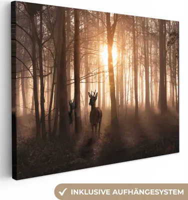 Produktbild von MuchoWow® - Leinwandbilder - Wald - Hirsche - Sonne - Bäume - Winter - Natur - Tiere, Wandbild, Wanddeko Bilder Wohnzimmer, 40x30 cm