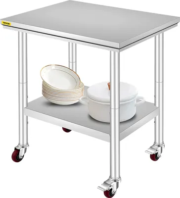 A stainless steel work table with two shelves and wheels, holding a stack of plates and a pot.