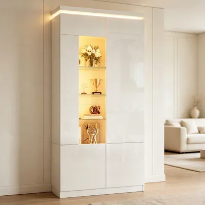 Produktbild von Merax Hochglanz Vitrine mit LED, Hochschrank mit 4 Türen und 6 Einlegeböden, Sammlervitrine mit Acrylglas-Tür, 10 Fächer, Sicherheitsglas, Weiß