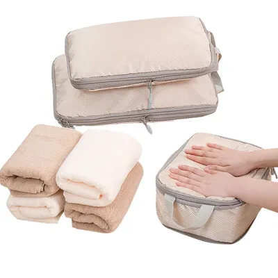 Image de set de 3 cubes de compression pour l'organisation des valises,Sacs de rangement imperméables (Beige)