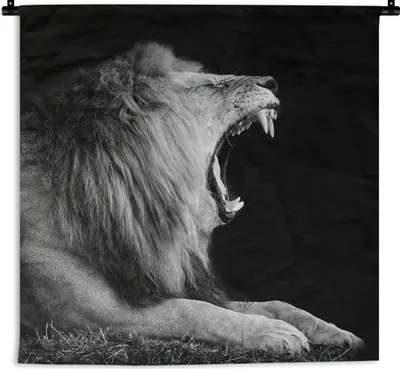 Produktbild von MuchoWow® Wandteppich Wandbehang Löwe - Wildtiere - Gras - Schwarz - Weiß 120x120 cm Tapisserie Dekoration Wandtuch - Modern - Baumwollgewebe