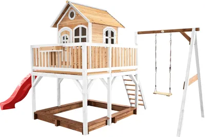 Produktbild von AXI Spielhaus Liam mit Sandkasten, Schaukel & roter Rutsche | Stelzenhaus XXL in Braun & Weiß aus Holz für Kinder | Spielturm mit Wellenrutsche für den Garten