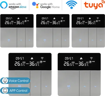 A collage of smart thermostat devices with digital displays and touch controls, along with compatibility logos for voice assistants and smart home platforms.