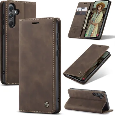 Collage of images showing a brown leather flip case for a Samsung Galaxy A35 5G from different angles.