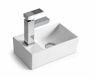 Produktbild von Waschbecken Waschtisch Wandhängend Aufsatzwaschbecken Design Gäste WC Keramik 37 cm links loch, KI-generiertes Bild