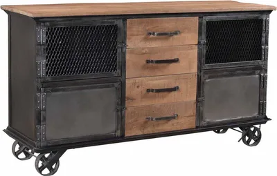 Produktbild von Happyment Vintage Sideboard – Aufbewahrungsschrank – Auf Rollen – Verstellbare Regale – 153x40x80 cm – Industrieller Stil – Vintage Braun/Schwarz