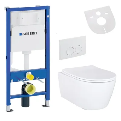 Produktbild von Belvit Hänge WC Set spülrandlos mit Softclose WC Sitz und Geberit UP100 Vorwandelement aus Keramik für Wandmontage