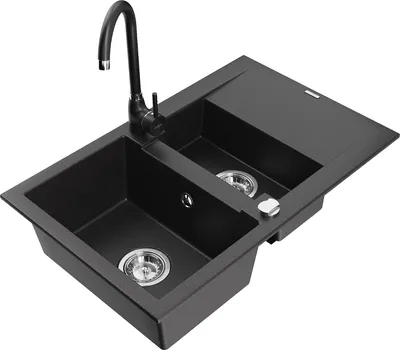 Image de Mexen Gaspar évier en granit 1,5 bac avec égouttoir et mitigeur Telma, Noir - 6507-77-670200-70