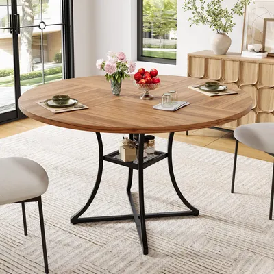 Produktbild von MODFU Esstisch rund 100×100×75 cm, Küchentisch mit Stauraum, MDF-Platte und Metallbeinen, moderner Esszimmertisch für 4–6 Personen, Walnuss