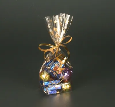 Produktbild von 10 Bodenbeutel, PP 16 cm x 9,5 cm x 4 cm transparent 'Sterne, gold'