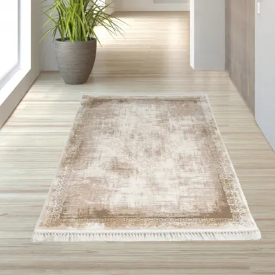 Image de Tapis en laine à franges, marron, dimensions : 80 x 150 cm