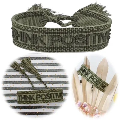 Produktbild von LS-LebenStil Canvas Statement Armband Think Positive Khaki besticktes Stoffarmband gewebt textiles Quasten Spruch Boho Geschenk Freundschaftsarmband