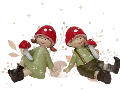 Produktbild von Fliegenpilz-Kinder Figuren 2er Set sitzend 7,5 x 5 x 6,5 cm rot grün