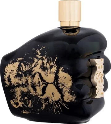 A black perfume bottle with a gold lion design and gold cap.