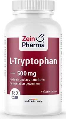A white bottle of L-Tryptophan supplement with a maroon label.