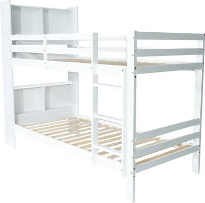 Produktbild von Flieks Etagenbett 90x200cm mit Rausfallschutz, Hochbett mit Leiter, Kinderbett mit Regal, Jugendbett Massivholzbett Stockbett mit Lattenrost, Weiß