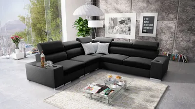 Produktbild von Ecksofa mit Schlaffunktion Eckcouch PERS III Sofa (Schwarz SAWANA 14 + schwarzes Kunstleder, Links)