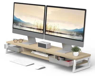 Obrázok produktu pre Stojan na monitor s dvoma zásuvkami, výška 108 cm, farba: dub