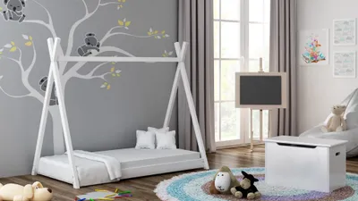 Produktbild von Kiefernholzbett für Kinder, Meble Wróbel, Bodenbett Tipi, 90 x 180 cm, Höhe 150 cm, Weiß