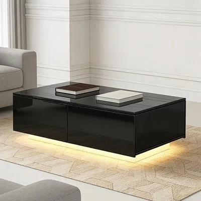 Obrázek produktu pro Konferenční stolek černý, s vysokým leskem, s LED osvětlením v 16 barvách, s regulovatelným jasem. Moderní konferenční stolek do obývacího pokoje se 4 zásuvkami, obdélníkový, rozměry 95x60x31 cm