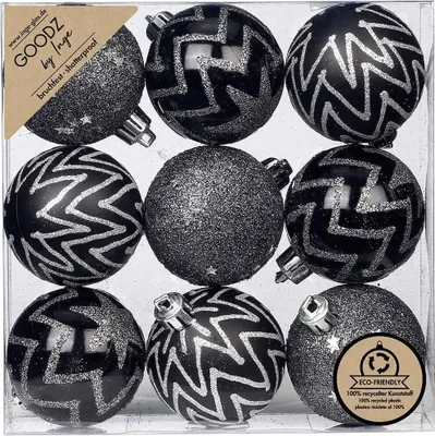 Produktbild von Weihnachtskugeln Dekorierte Kugeln Kunststoff 6cm 9er Set Schwarz-Mix