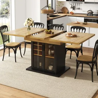Image de Flieks table à manger pliante, table de cuisine pour 4-6 personnes, table de salle à manger extensible pour la cuisine et le salon, table avec étagère à vin, 110-140×80×76cm