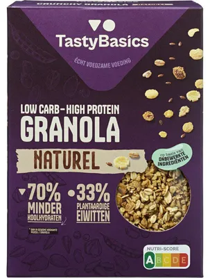 Imagen del producto de TastyBasics Granola natural baja en carbohidratos y alta en proteínas, 350 g – rica en fibra y proteína
