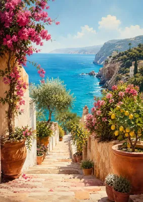 Immagine prodotto di Poster Mediterraneo formato DIN A2 – Sentiero costiero con vista sul mare, buganvillee e limone, finitura opaca