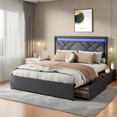 Image de Fortuna Lai Lit rembourré 160x200cm, lit double avec 2 USB/Type C, 4 tiroirs, lit de rangement Lit d'adolescent avec sommier à lattes et Led, lit fonctionnel, lin