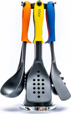 Produktbild von Axer Küchenutensilien-Set aus Nylon mit Drehbarem Ständer 6-teilig - Mehrfarbiges Küchenset mit Löffel Schöpfkelle Schaumlöffel Wender Pfannenwender und Spaghettilöffel - Spülmaschinenfest