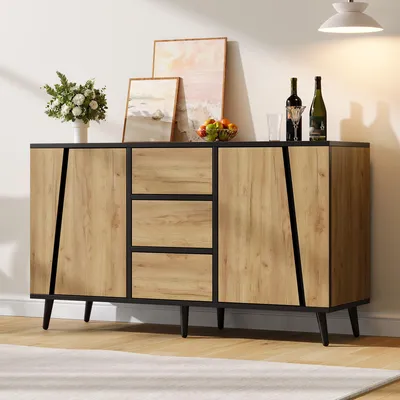 Obrázok produktu pre MODFU Komoda, 120 x 40 x 70 cm, komoda s 2 dvierkami a 3 zásuvkami, úložná skrinka s nastaviteľnými poličkami, bufetová skrinka z MDF, čierna + prírodná