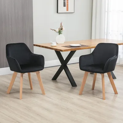 Produktbild von Polsterstuhl Samtoptik, Esszimmerstühle 2er Set mit Armlehnen, Küchenstuhl Polyester, Schwarz | 12 kg | Kautschukbaumholz-Beine | 54 x 57 x 80 cm