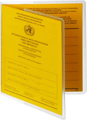 A yellow vaccination booklet is shown open, with text and a logo visible.
