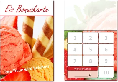 Produktbild von 250 Stück Eis Bonuskarten (BOK-411) mit 10 Stempelfeldern. Treuekarten passend für Bereiche wie Eisdiele, Eiscafe, Eisverkauf