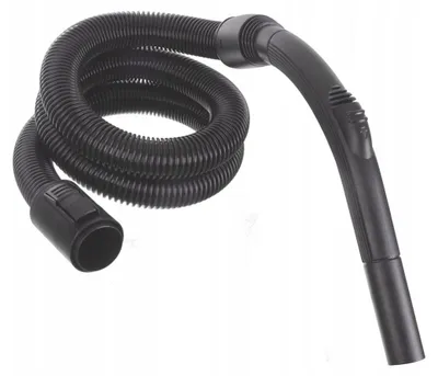 A black vacuum cleaner hose with a curved handle attachment, coiled on a white background.