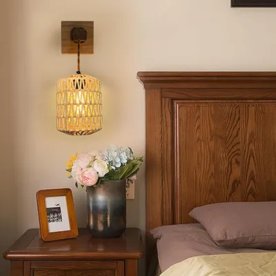 Produktbild von Kabellose Rattan Wandleuchte mit Fernbedienung, RGB, Boho Wandleuchte für Schlafzimmer Wohnzimmer Flur, mit zwei Stromversorgungen (Batterie/Elektro)