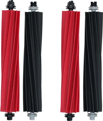 Four roller brushes for a robot vacuum cleaner, two red and two black, are displayed against a white background.