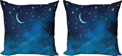 Obrázok produktu pre ABAKUHAUS Sada obliečok na vankúš s hviezdami (2 ks), nočná silueta s akvarelom, polmesiac a oblaky, 40 x 40 cm, nočná modrá a svetlomodrá
