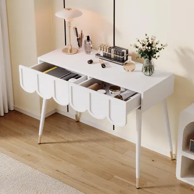 Image de OKWISH Coiffeuse Table de Maquillage avec 2 Tiroirs et Pieds en Métal, Rangement Fonctionnel - MDF et Panneaux de Particules - Blanc