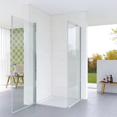 Produktbild von Duschkabine 80x70 cm Eckeinstieg Eckdusche Duschtür Drehtür Pendeltür Schwingtür mit festem Seitenteil und Seitenwand aus Sicherheitsglas (ESG) 5 mm klar Höhe 187 cm rahmenlos Chrom-Optik spritzwasserdicht variable Breite barrierefrei