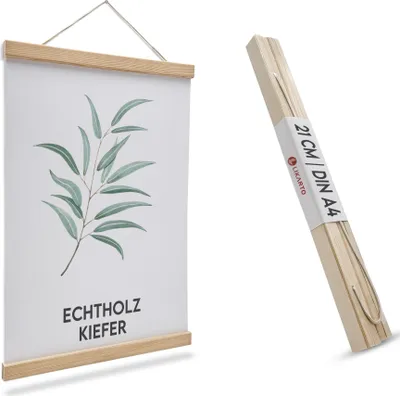 Produktbild von LIKARTO Premium-Posterleiste Holz Kiefer A4 | 21 cm - Hochwertige magnetische Bilderleiste aus Echtholz inkl. Lederband - Einfaches Bilder aufhängen