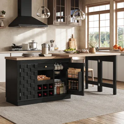 Produktbild von okwish Ausziehbare Kücheninsel mit herausnehmbarem Weinregal, Patchwork-Türen,Bartisch mit Schubladen und 360° drehbarer Tischplatte,Schwarz