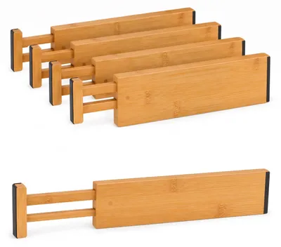 Produktbild von Relaxdays Schubladentrenner, 4er. Set, verstellbare Länge von 43,5 bis 56,5 cm, Bambus, Schubladenteiler Küche, natur