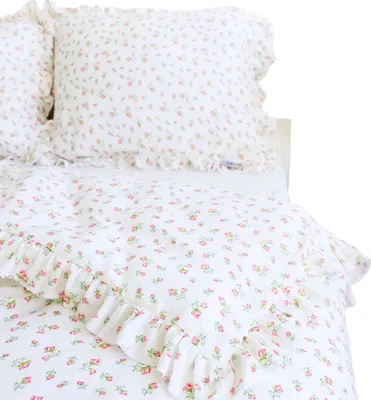 Obrázek produktu pro Sada Povlečení Mušelínové 140X200 Cm + Na Polštář 70X80 Dětská S Volánem Ložnicová Souprava Povlak Na Přikrývku Červené Květy