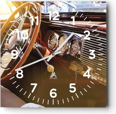 Produktbild von Wanduhr - Quadrat - Glasuhr - Auto Retro Vintage - 30x30cm - Schleichendes Uhrwerk - Lautlos - zum Aufhängen bereit - Dekoration Modern - Wanddekoration aus Glas - C4AC30x30-4939